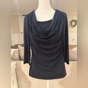 Carmen Marc Valvo Midnight Blue Drape Neck classy Women’s S  blouse 3/4 sleeve
